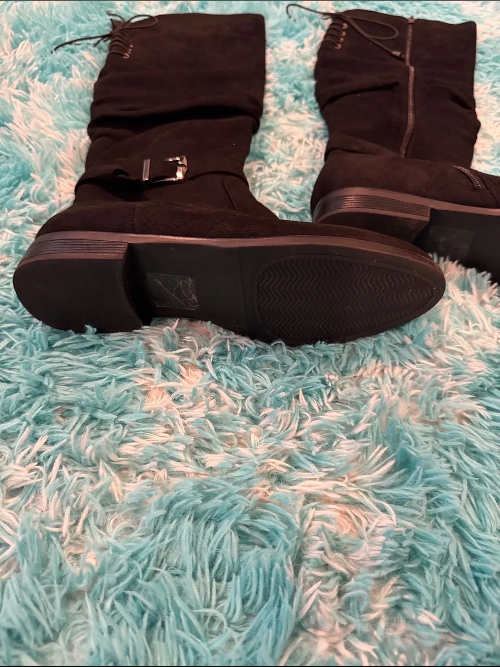 Women's Black Knee-High Riding Boots - Classic Buckle Detail